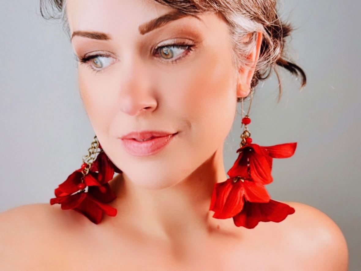 Red Hydrangea Earrings, Handmade Whimsical Fabric Flower Earrings, Unique Christmas Red Earrings, Dramatic Oversized Red Faerie Earrings