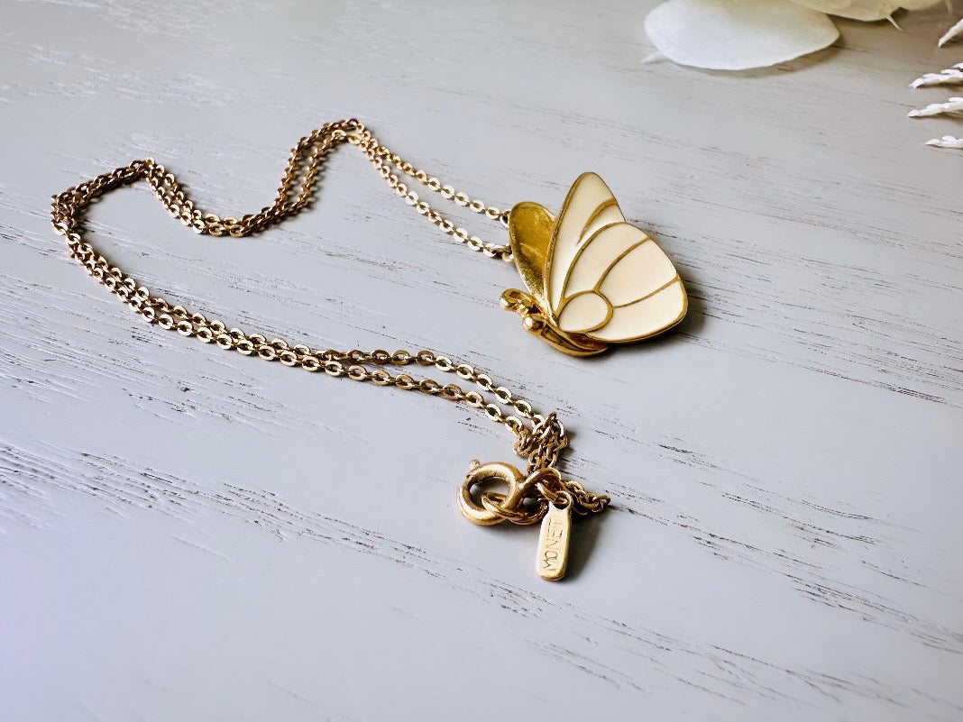 Butterfly Pendant Necklace, Cream and Gold Enamel Vintage Necklace, Monet Butterfly Necklace, Classic Dainty Chain Vintage Necklace 16"