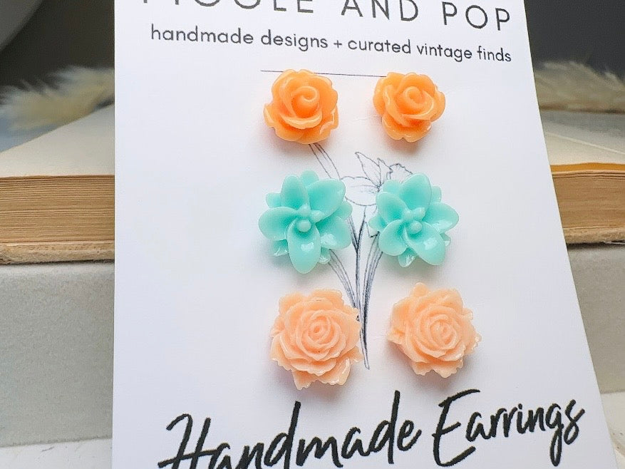 Flower Stud Earrings Set, Mint and Peach Post Earring Gift Set, Hypoallergenic Handmade Small Stud Earring