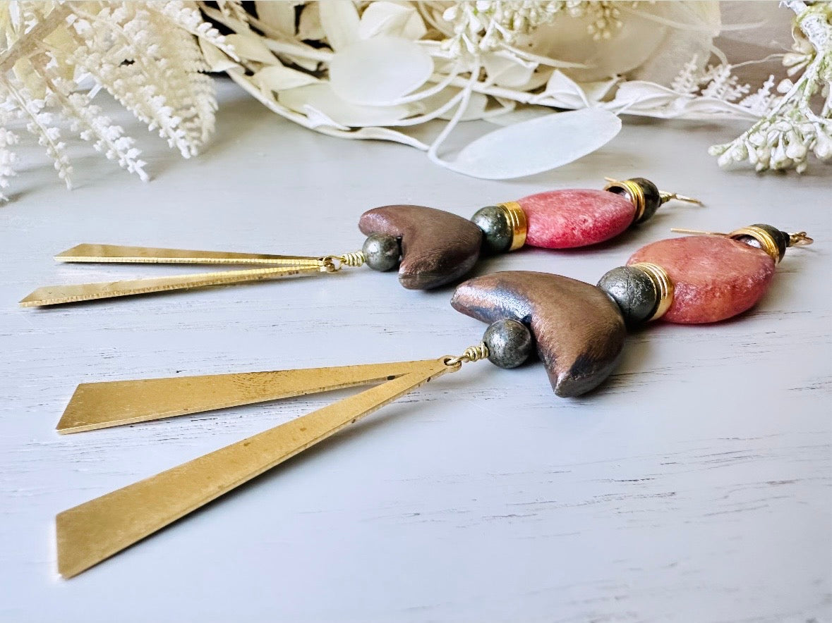 Handmade Stone Earrings, Extra Long Earthy Boho Duster Earrings, Unique Red Stone & Pyrite Orbs with Moon and Brass Dagger Charms