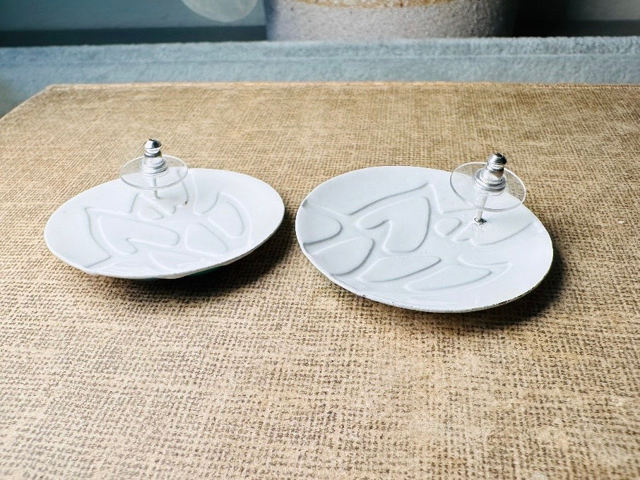 Teal Orange Blue and White Oversized Geometric Enamel Earrings, Fun 1980's Vintage Earrings, Colorful Interesting Retro Painted Earrings