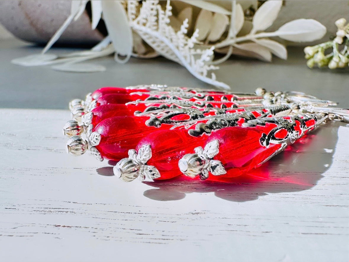 Red Teardrop Earrings, Beautiful Handmade Holiday Jewelry Gifts for Her, Striking Bright Red Glass Earring with Ornate Silver Filigree Cones