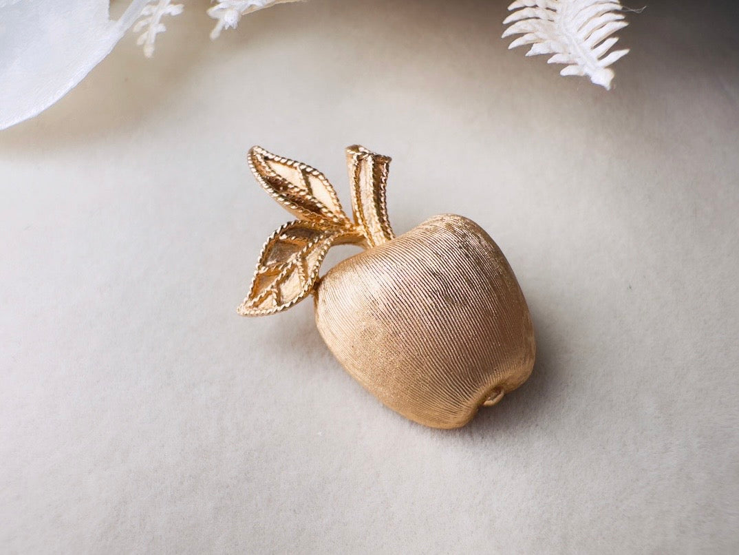 Gold Apple Brooch, 1974 Gilded Apple Vintage Brooch, Small Brushed Gold Understated Pin