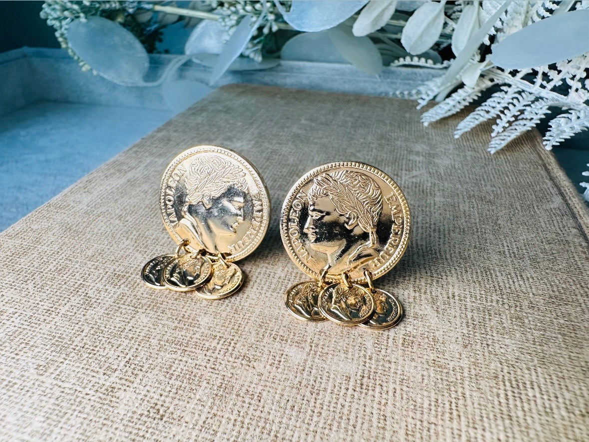 Gold Coin Earrings, Vintage 1970s Roman Earrings, 1971 Napoleon Gold Medallion Chandelier Earrings, Etruscan Style Dangle Charm Earrings