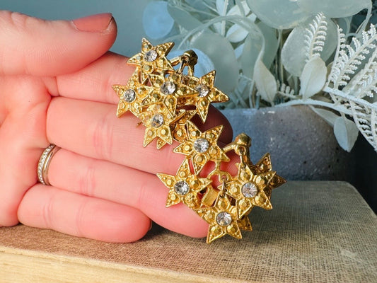 Vintage Star Earrings, Dimensional Gold and Rhinestone Statement Earrings, Unique Celestial Dangle Earrings, Star Charm Clip Ons