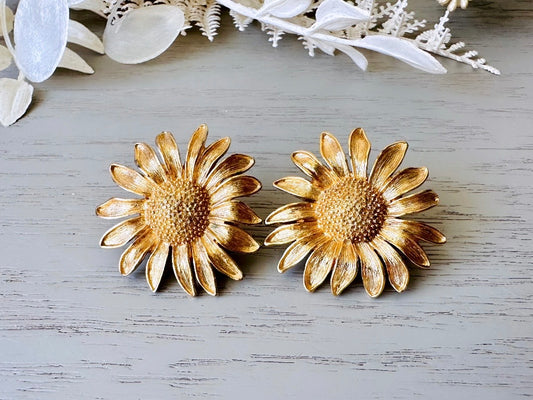 Vintage Monet Sunflower Earrings, Big Gold Sunflower Earrings, Vintage 60s Pierced Monet Earrings, 1960s Large Gold Flower Earrings