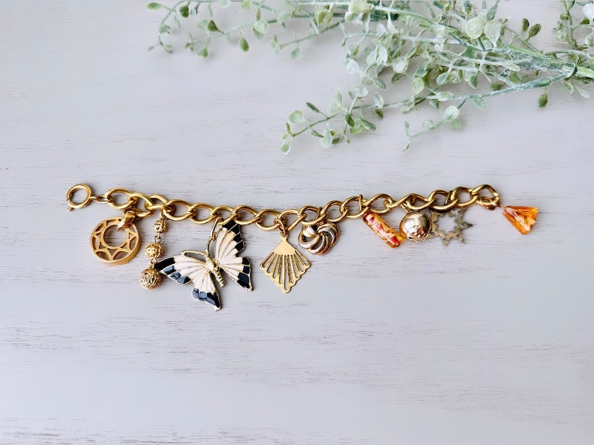 Vintage Charm Bracelet, Gold Chunky Bracelet with Butterfly Charm, Gold Star Charm and Gold Filigree Details, 1970s Retro Vintage Bracelet