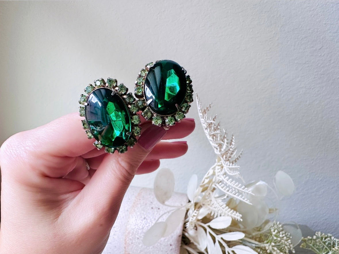 Gorgeous poinsettia w emerald green stone clip selling on earrings vintage