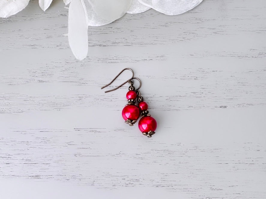 Red Pearl Earrings, Holiday Red Beaded Drop Earrings with Antique Bronze Floral Accents. Simple Vintage Inspired Handmade Earring Gifts