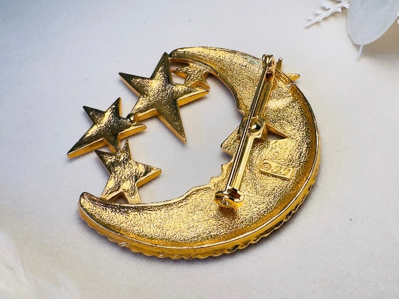 Moon and Stars Vintage Matte Gold JJ Brooch, Man in the Moon Oversized Celestial Jewelry