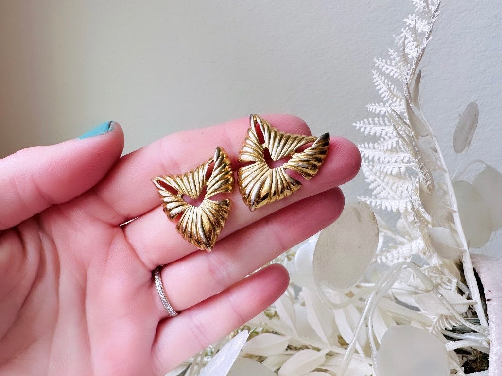 Gold Triangle Earrings, Vintage 1980's Stud Earrings with Cut Outs, Geometric Metal Earrings, Vintage Funky Large Pierced Post Gold Earrings