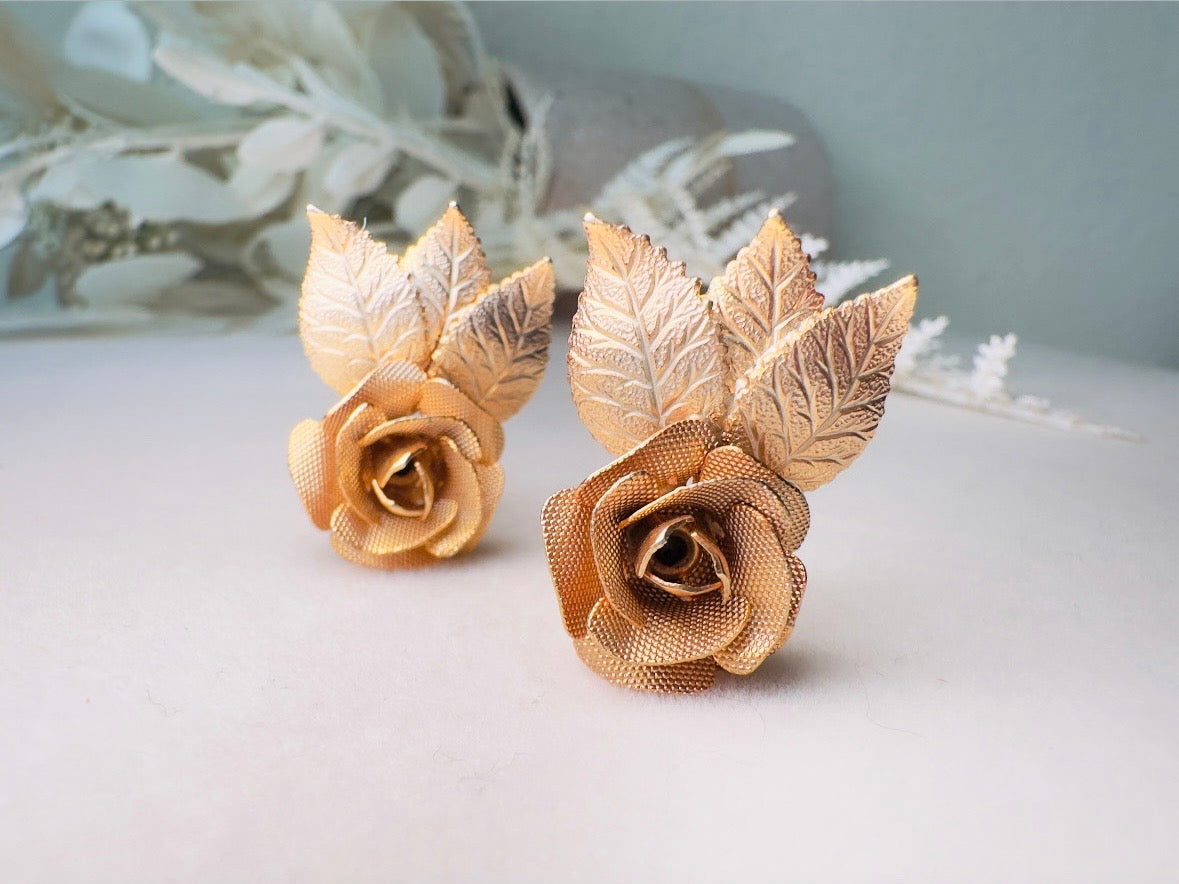 Gold Rose Earrings, Vintage 1960s Clip On Earrings, Sculptutal Gold Leaf Bridal Mesh Rose MCM 60's Clip Earrings, Designer Signed Judy Lee