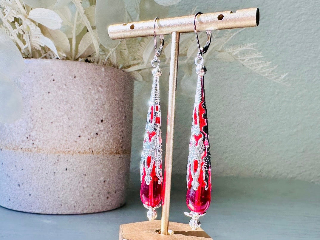 Red Teardrop Earrings, Beautiful Handmade Holiday Jewelry Gifts for Her, Striking Bright Red Glass Earring with Ornate Silver Filigree Cones