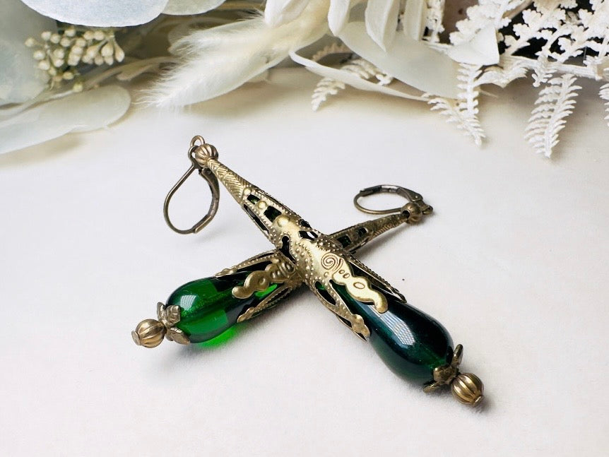 Green Teardrop Earrings, Handmade Renaissance Jewelry with Victorian Filigree, Romantic Gothic Long Beaded Crystal Dangle Earrings