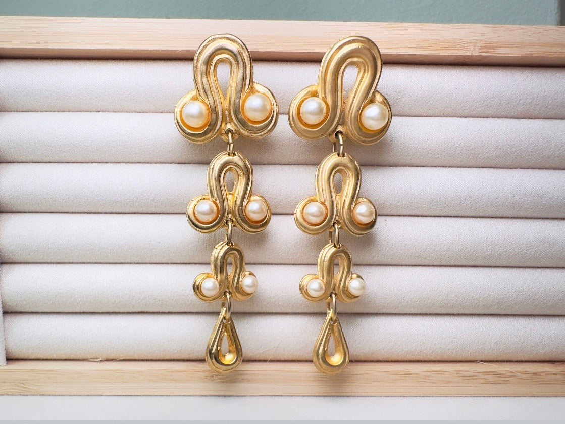 Vintage Blanca Designer Pearl Drop Oversized Matte Gold Clip On Earrings