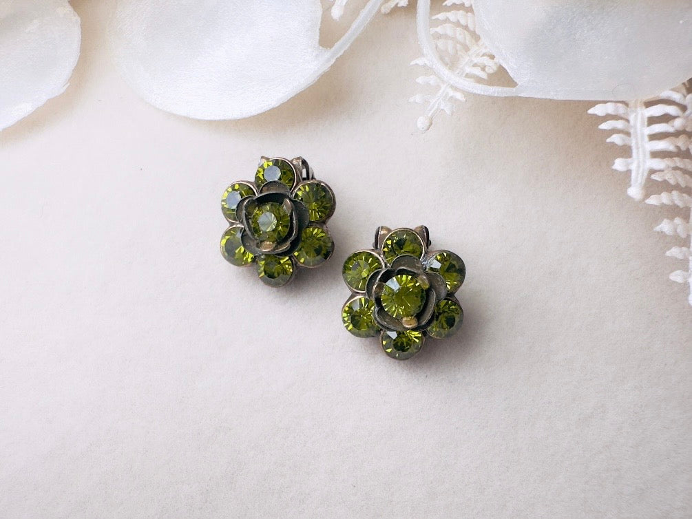 Green Rhinestone Flower Earrings, Small Vintage 1960s Olive Green Crystal Clip On Earrings