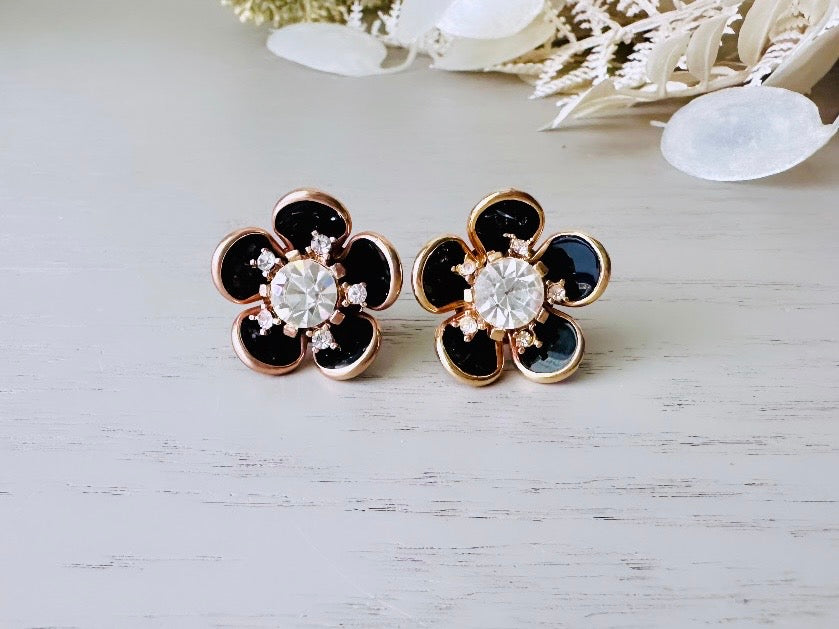 Black Rhinestone Flower Earrings, Vintage Gold Set Earrings Black Enamel Petals & Diamond Centers, Screwback Earrings for Nonpierced Ears
