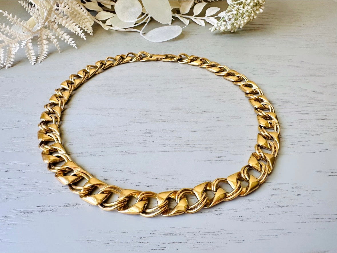 Gold Vintage Chain Necklace, Chunky Gold Necklace with Double Curb Link and Rounded Square, Bold 80s Mogul Style, Authentic Vintage Jewelry