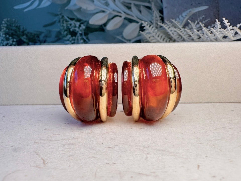 KJL Vintage Amber Lucite Double Ribbed Huggie Earrings