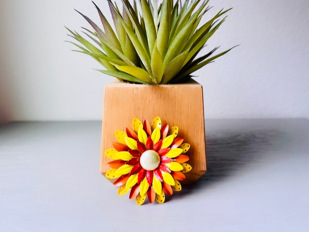 Vibrant Flower Brooch Yellow Orange + Red Floral Pin Pearl Center, Extra Large Vintage Brooch, 1960s Vintage Mod Flower Power Enamel Pin