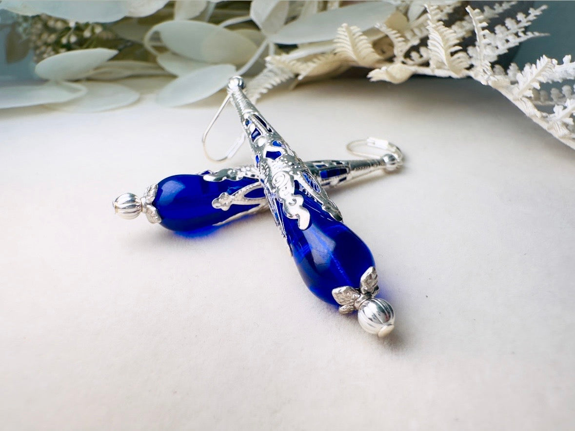 Blue Teardrop Earrings, Long Handmade Cobalt Blue Czech Glass Beaded Drop Earrings with Victorian Silver Filigree Cones