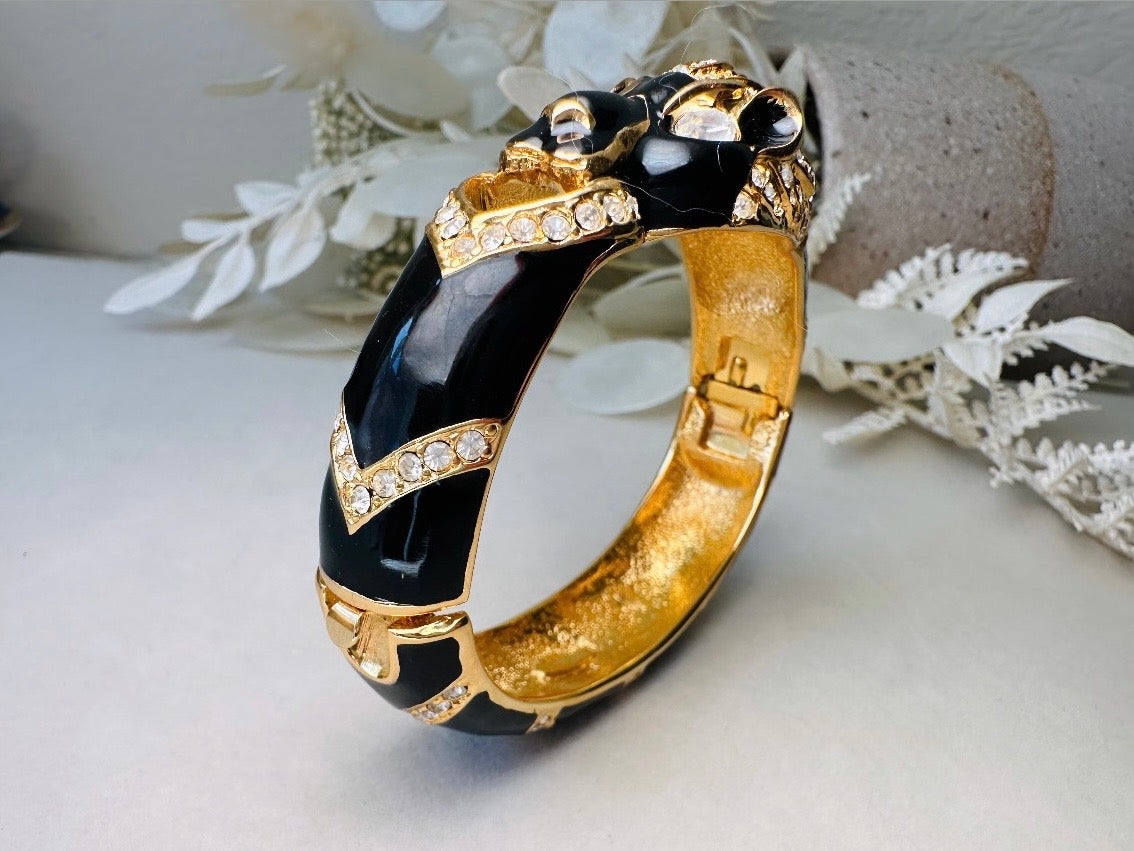 Vintage Giorgio Black Panther Bracelet, Black Enamel Pave Rhinestone and Gold Signed 80s Designer Cuff