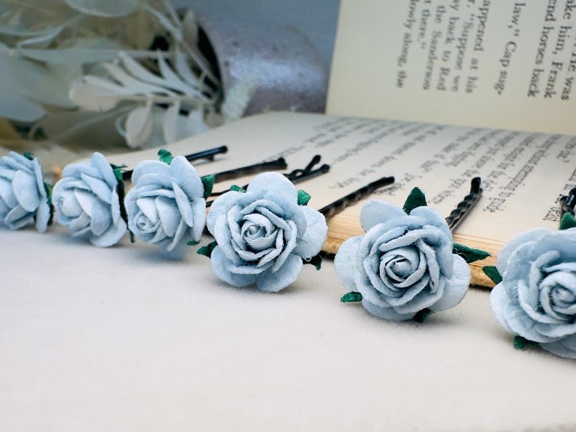 Ice Blue Flower Hair Pins, Handmade Mulberry Paper Rose Bridal Bobby Pins