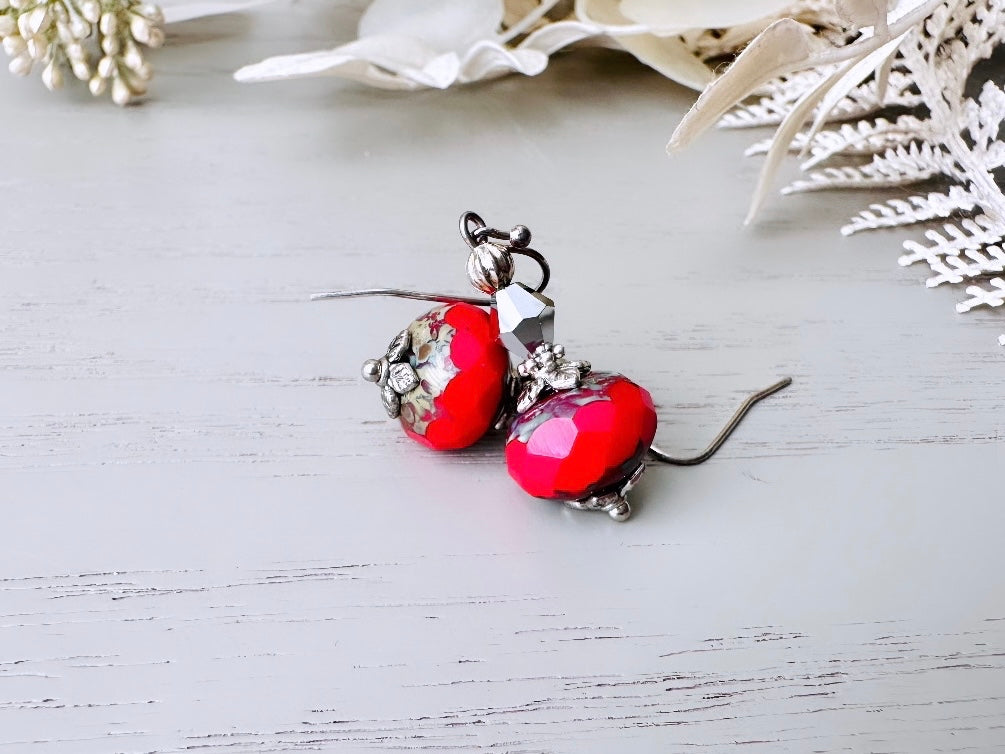 Red Handmade Earrings, Silver and Red Picasso Drop Earrings, Czech Glass Dangle Earring, Unique Red and Grey Jewelry