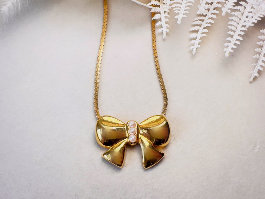 Gold Bow Necklace, Vintage Marvella Slide Pendant Necklace with Tiny Pearl Accents, Gold Ribbon Necklace on 18" Serpentine Chain