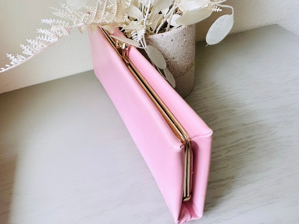 Bubblegum Pink 1960s Vintage Clutch, Barbie Pink Rectangular Leather Clutch Purse with Bow + Striped Interior, VTG Designer Harry Levine from Piggle and Pop