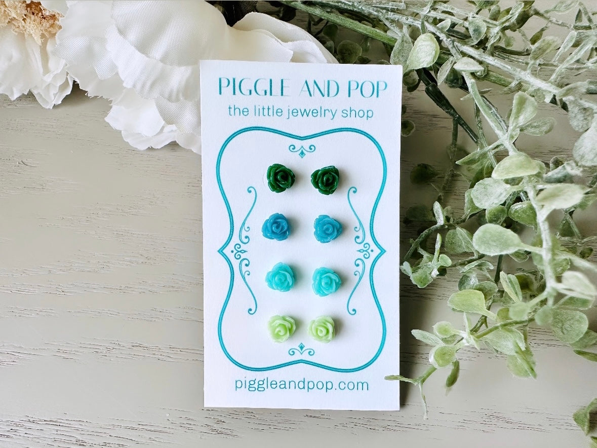 Earring Stud Set, Green and Yellow, Tiny Rose Earrings, Small Flower Earrings, Resin Stud Earrings, Rose Stud Earring Set, Cute Rose Earring (Copy)