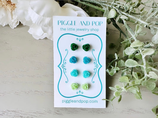 Earring Stud Set, Green and Yellow, Tiny Rose Earrings, Small Flower Earrings, Resin Stud Earrings, Rose Stud Earring Set, Cute Rose Earring FSE4