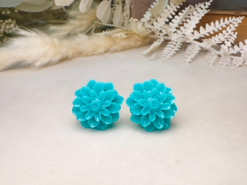 Turquoise Flower Earrings, Teal Chrysanthemum Post Earrings