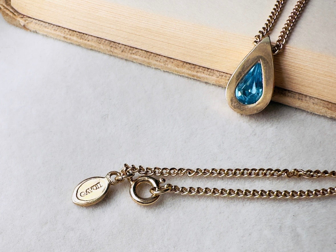 Aquamarine Birthstone Necklace, Vintage Austrian Crystal Blue Raindrop Pendant on Fine Gold Chain