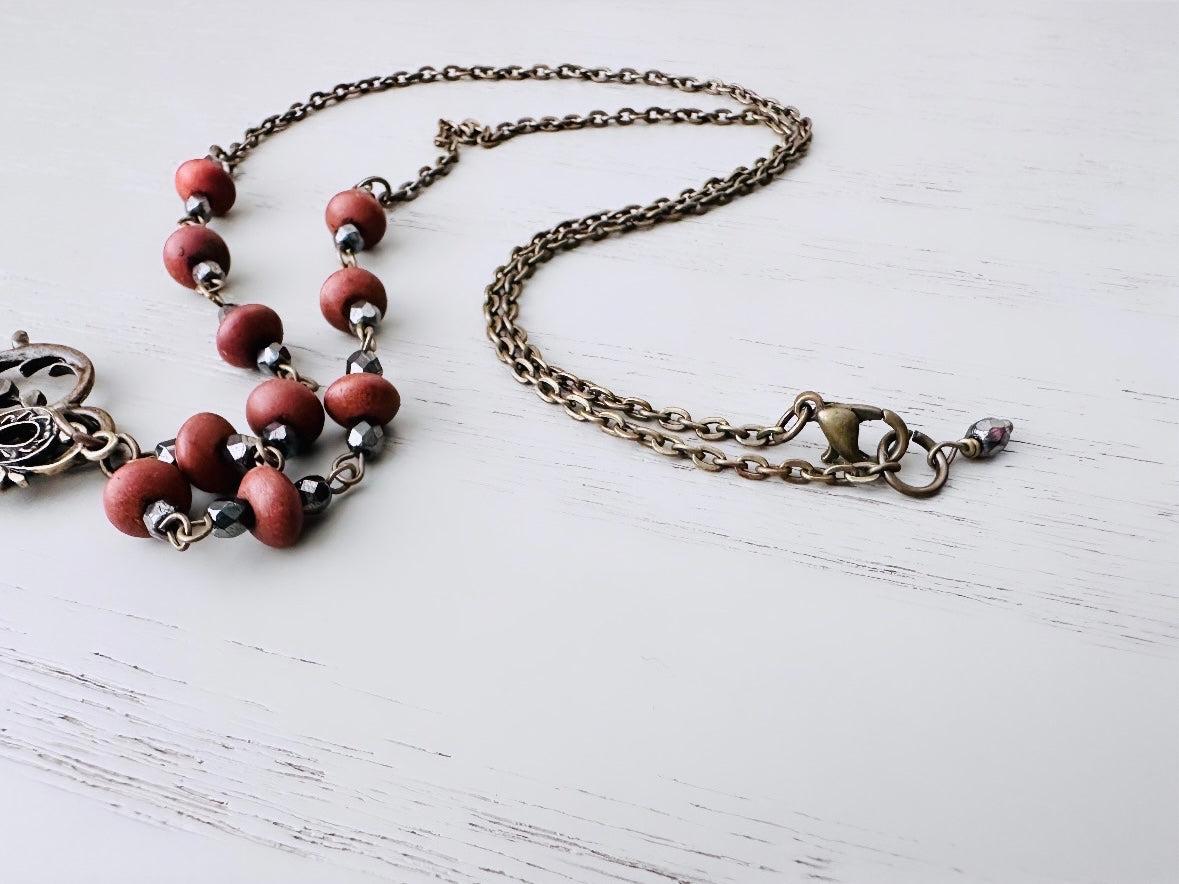 Victorian Flower Rosary Necklace in Chocolate Cherry w Swarovski Topaz Crystals, Hematite Stones + Bronze Skeleton Key Lucite Charm Necklace