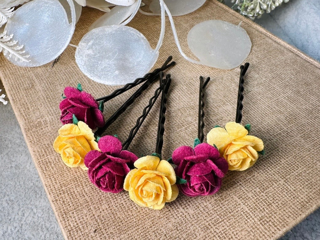 Rose Hair Pins in Marigold Yellow & Plum Wine, Paper Rose Bobby Pin, Floral Hair Accessories, Handmade Flower HairPins for Wedding Prom Hair from Piggle and Pop