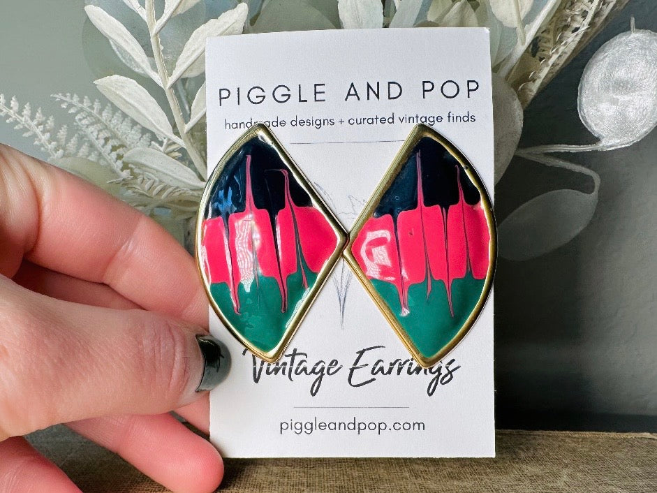 1980s Painted Abstract Earrings, Pink Teal Black and Gold Unique Colorful Paint Splatter Earrings, 80s Drip Enamel Pierced Statement Earring