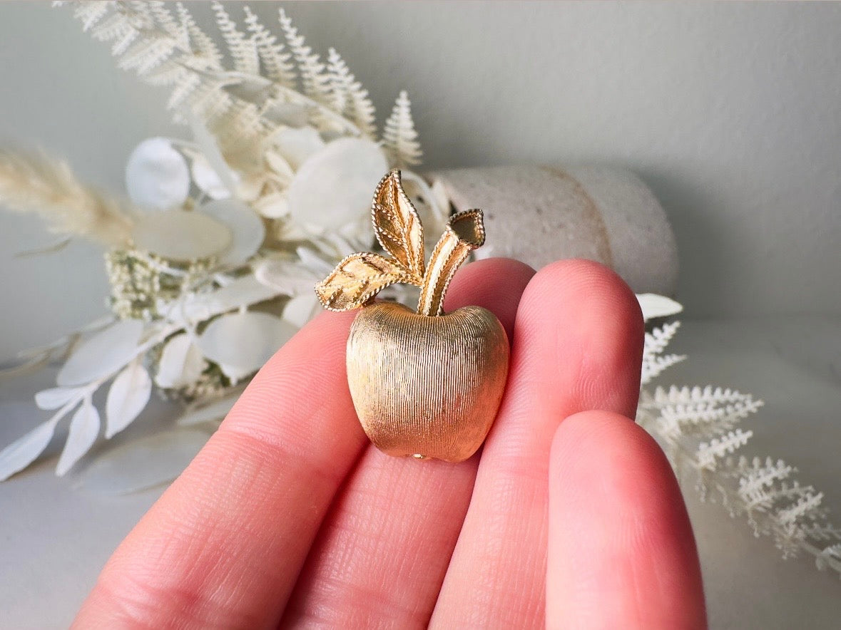 Gold Apple Brooch, 1974 Gilded Apple Vintage Brooch, Small Brushed Gold Understated Pin