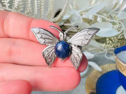 Butterfly Brooch Pin, Vintage Silver Butterfly Pin with Blue Stone Center, Vintage Brooch, Whimsical Bridal Brooch, Antique Silver Pin
