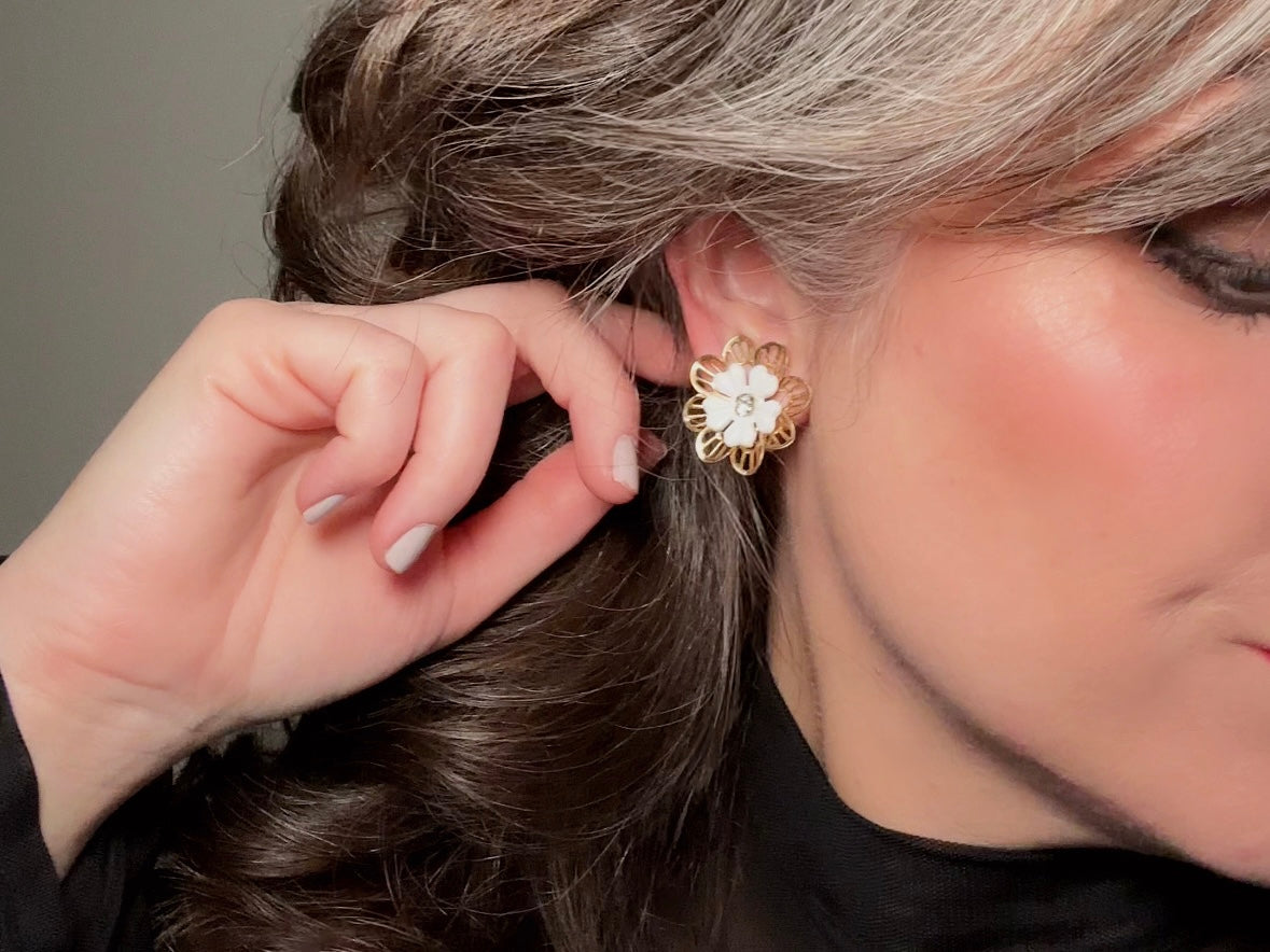 Gold Filigree Flower Earrings, 60s Vintage White and Gold Clip On Earrings