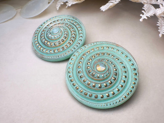 Vintage Mint Glass Earrings, Incredibly Unique Gold Spiral Disc Clip Ons, Seafoam Green Oversized Art Deco Vintage Statement Earrings