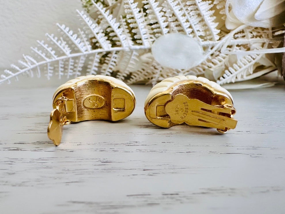 Vintage Kenneth Jay Lane Two Tone Shrimp Huggie Hoop Earrings, 80s Designer Vintage Earrings, Cream and Gold Textured Clip-On Earring