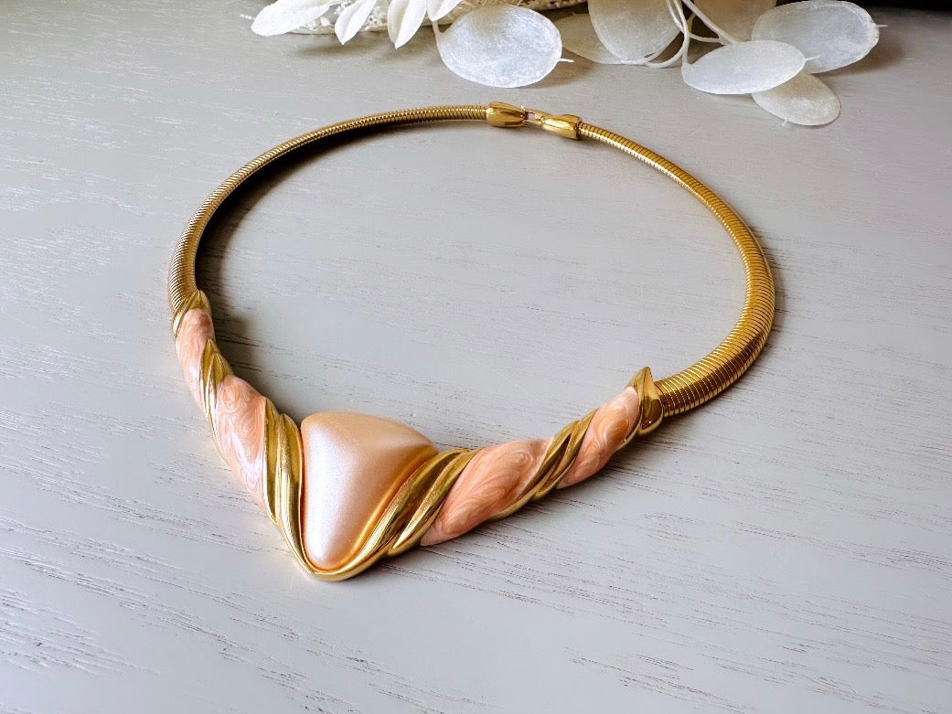 1980's Napier Necklace, Vintage 80s Peach and Gold Enamel Choker Necklace, Geometric Bib Necklace, Pearlized Retro Gold Collar Necklace