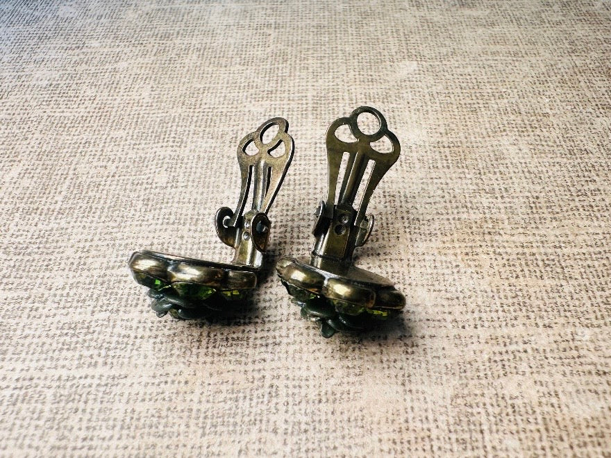 Green Rhinestone Flower Earrings, Small Vintage 1960s Olive Green Crystal Clip On Earrings