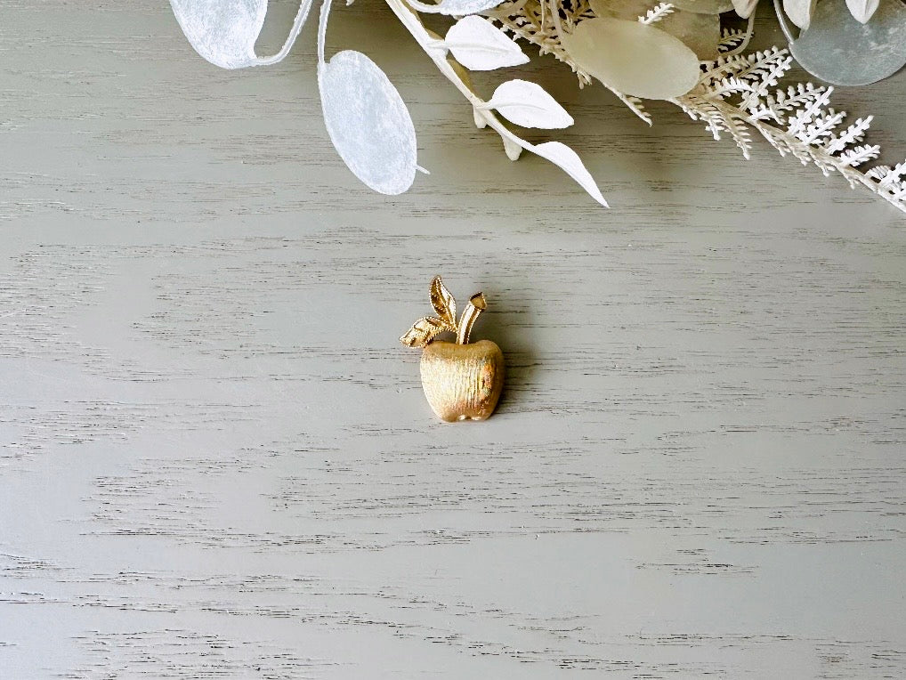 Gold Apple Brooch, 1974 Gilded Apple Vintage Brooch, Brushed Gold Understated Pin, Pretty Teacher Gift Back to School, Quirky Cute Fruit Pin