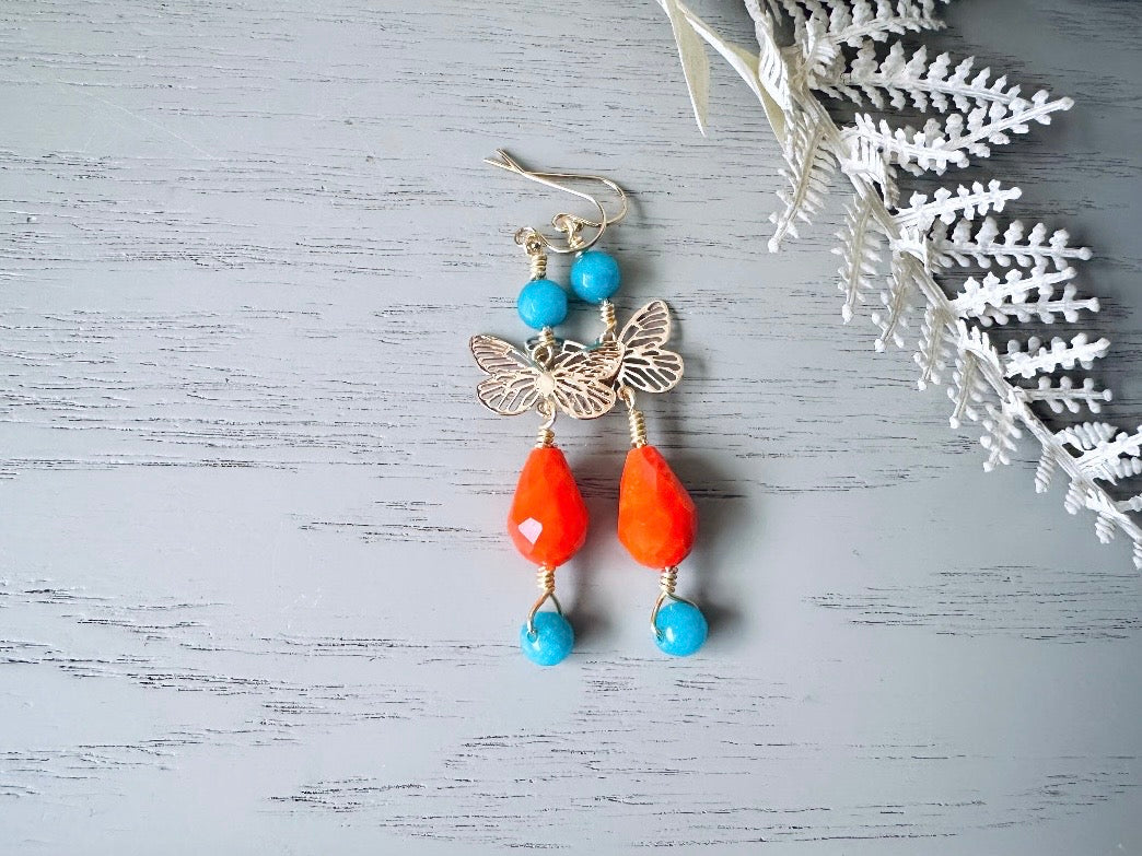 Handmade Butterfly Earrings, Bright Colorful 14k Gold Filigree Butterfly Dangle Earring, Turquoise Blue Agate & Vibrant Orange Crystal Drops