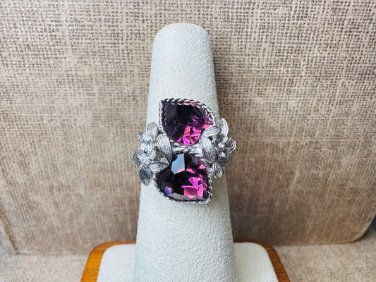 Vintage Heart Cocktail Ring, February Birthstone Purple Heart Ring, 1973 Amethyst and Silver Flowers Double Heart Love Story Sarah Coventry