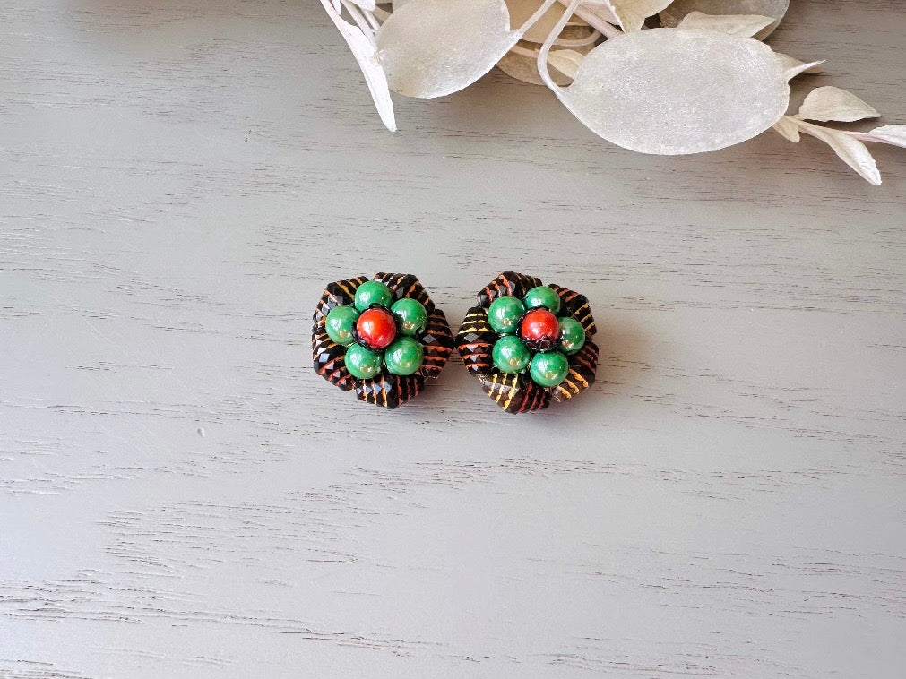 Red and Green Vintage Earrings, Unique 1960s Beaded Clip On Earrings, Made in Hong Kong, Super Cool Mod Pop Retro Authentic 60s Earrings