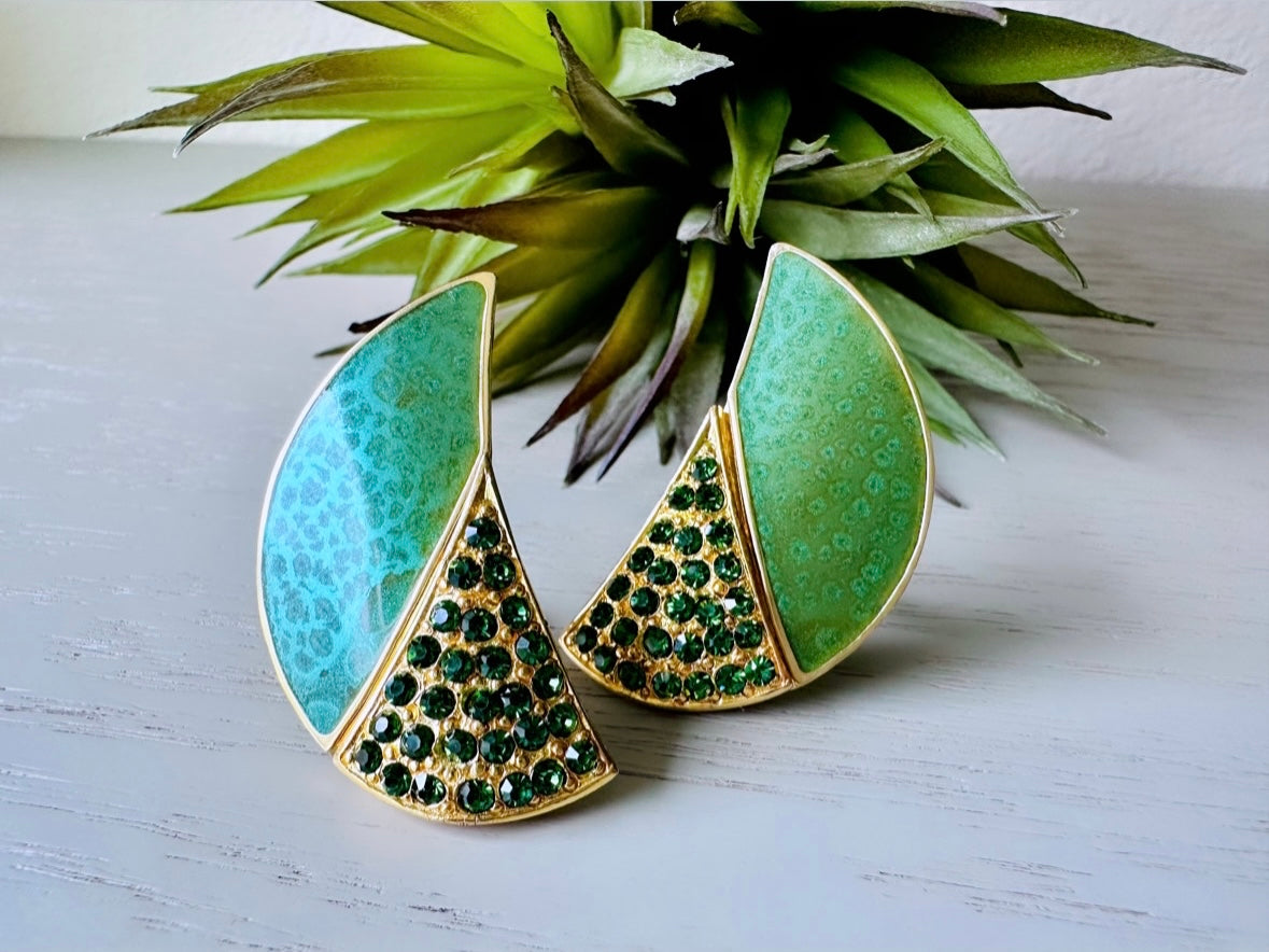 Stunning Green 80s Berebi Vintage Earrings, Green Rhinestone & Pearlized Enamel Green and Gold Crescent Converted Clip-On Statement Earrings