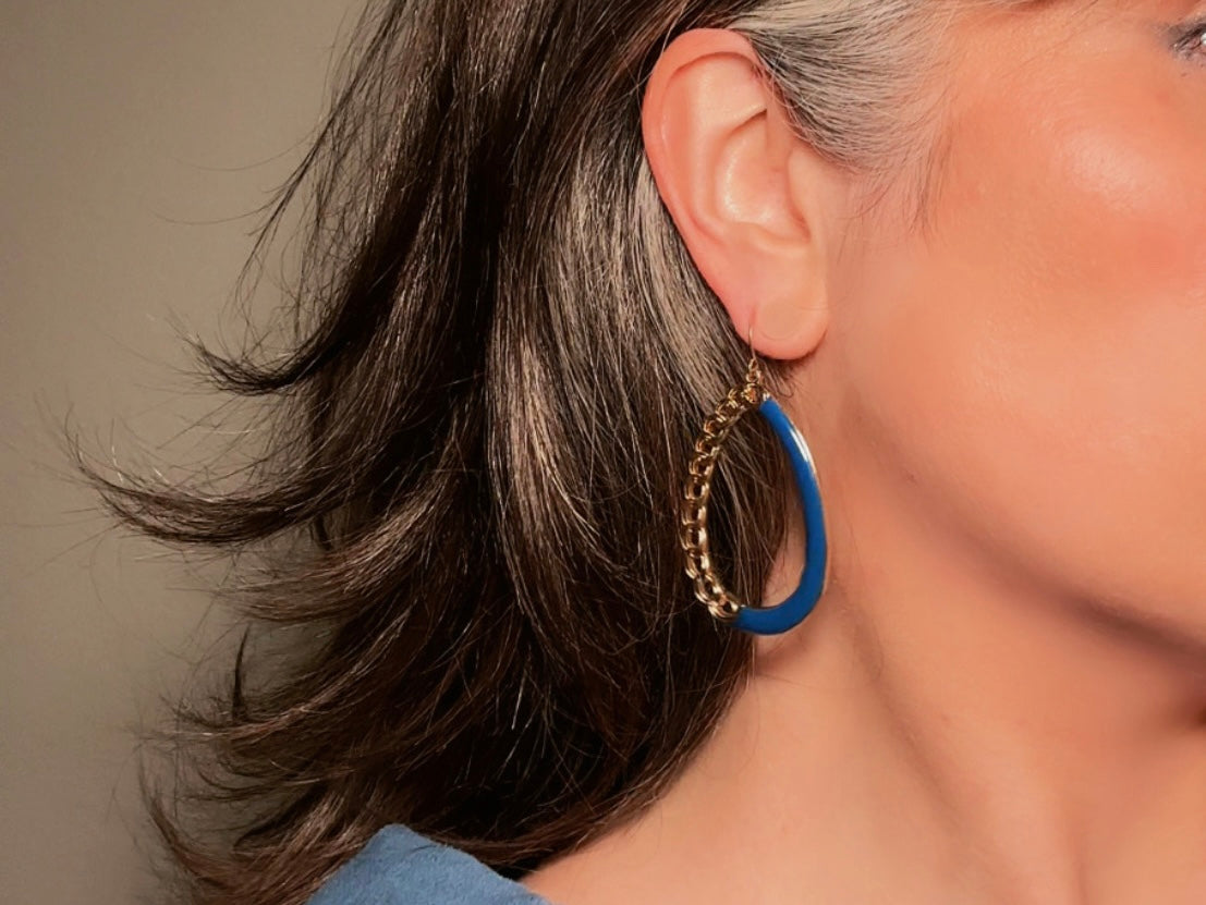 Teardrop Hoop Earrings with Blue Enamel and Gold Chain, Unique 80s Vintage Drop Earrings
